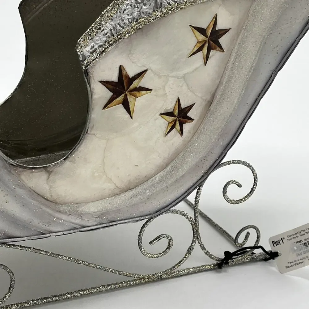 Pier 1 Santa’s Sleigh – Silver Tone Glitter Holiday Décor – 8x15, NWT